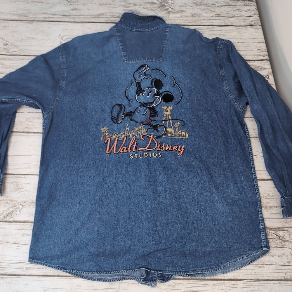 Disney Store Denim Button-Up Shirt Blue Cotton Vintage Embroidered – Men’s L